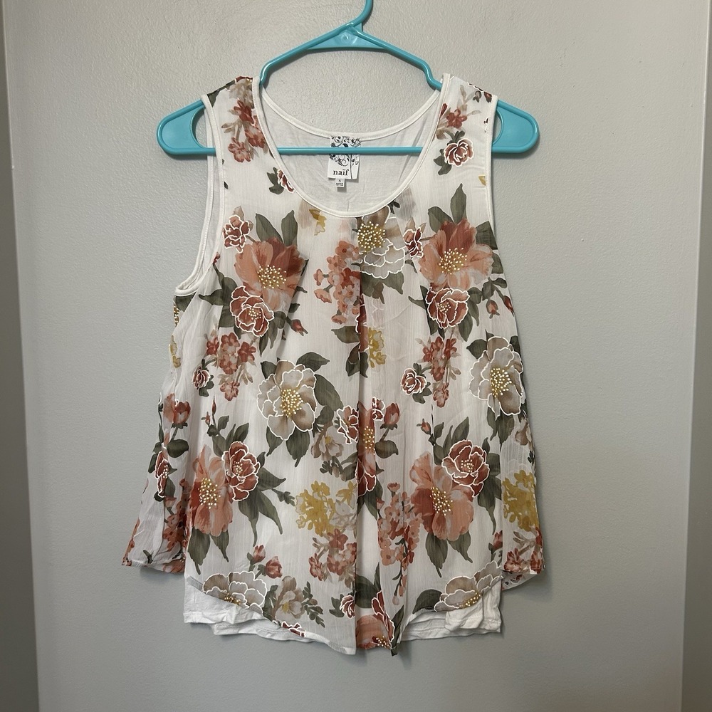 naif Size Small Floral Chiffon Sleeveless Pleated Tank Top White Multicolor